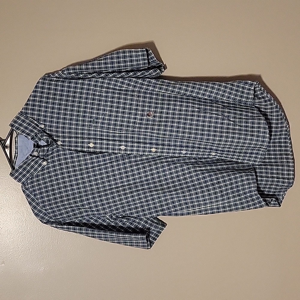 Tommy Hilfiger Button Down Short Sleeve Plaid Shirt Green Blue Mens Size Medium
